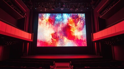 Obraz premium A theater stage with a large projection screen showing abstract visuals during a performance.