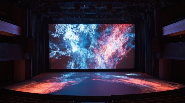 A theater stage with a large projection screen showing abstract visuals during a performance.