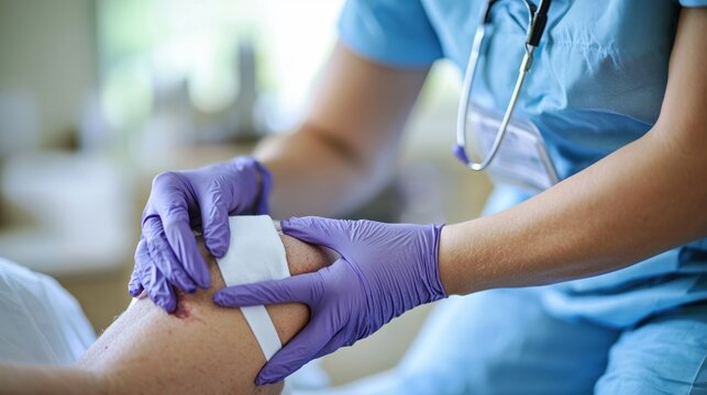 A home healthcare worker providing wound care to a senior patient in a clean and serene environment. The caregiver careful touch conveys a sense of expertise and dedication. The setting includes