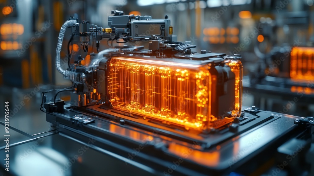 Poster a piece of machinery with a glowing orange object inside