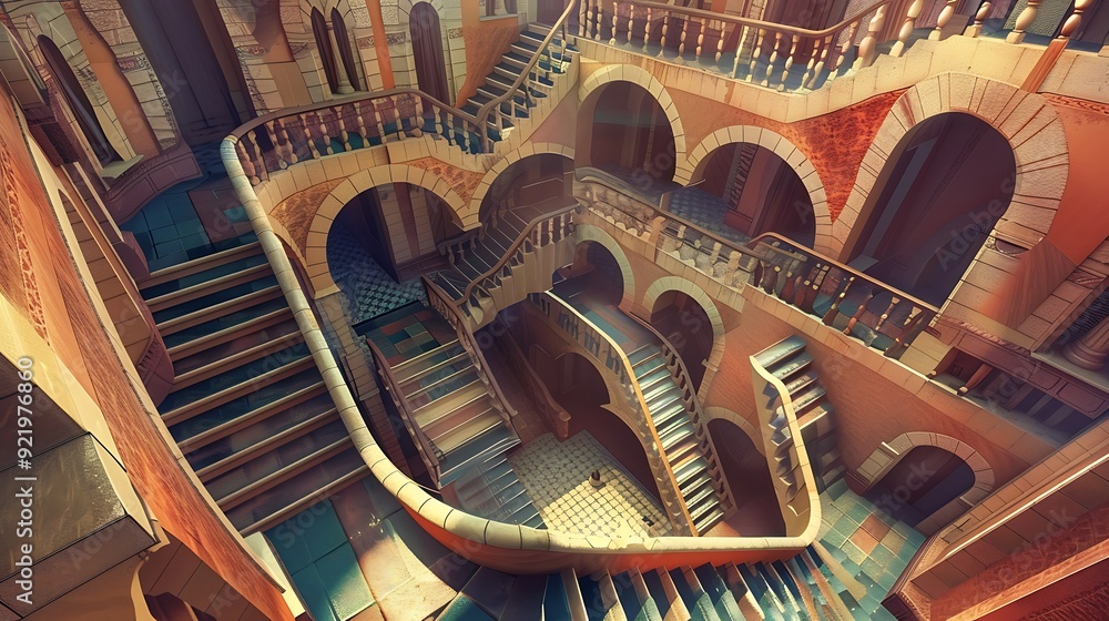 Sticker Surreal Staircase Architecture with Arched Openings and Tile Floor.