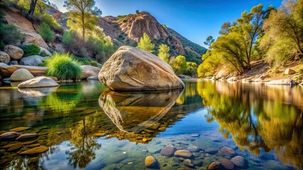 Fototapeta premium Diving rock reflected in tranquil Sespe Creek, capturing the beauty of Los Padres National Forest , nature, reflection