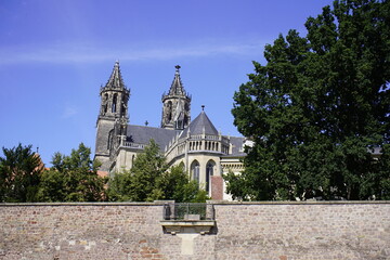 View of Magdeburg Cathedral with the old city wall in the foreground. Magdeburg, Saxony-Anhalt,...