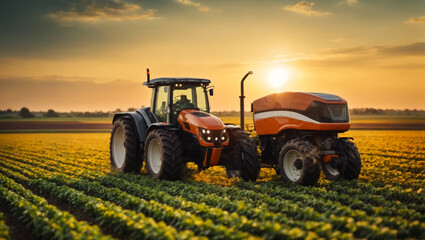 Fototapeta premium Innovation technology smart farming with Robot tractor, AI generated