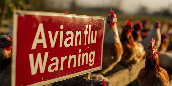 outbreak  of Avian flu influenza  h5n1 illness in poultry chicken on red warning signboard 