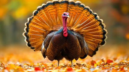 wild turkey bird in autumn forest strutting tail  feathers 