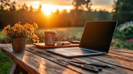 Laptop on wooden table with sunset background.