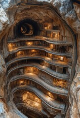 A cross-section view of an underground tunnel system, showing multiple levels and pathways