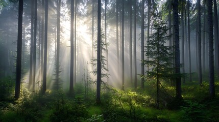 Obraz premium Sunbeams dance through misty woodland, painting foliage with golden hues