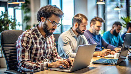 Business team collaborating on laptops in modern office, showcasing technology and teamwork