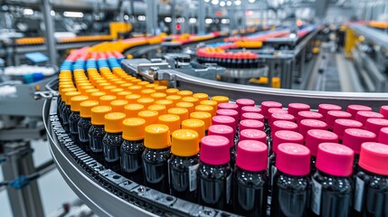 Obraz premium Bottles on a Conveyor Belt in a Factory.