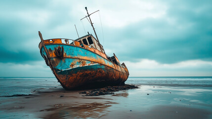abandoned shipwreck scrap fishing boat at sea shore