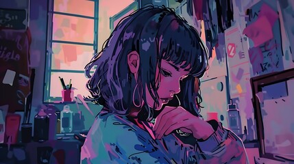 Anime girl with blue hair, sitting by a window, in a colorful room.