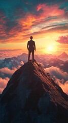 Obraz premium Businessman standing on mountain top watching sunset over clouds