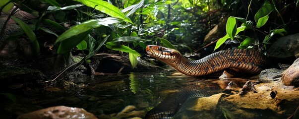 Fototapeta premium Boa constrictor snake emerging from water in lush tropical rainforest