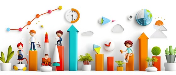 Growth and Progress with Cartoon Characters 3D Illustration.