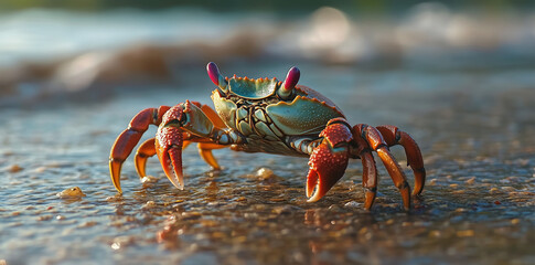 The crab came out of the sea onto the sandy beach of the shoreline 