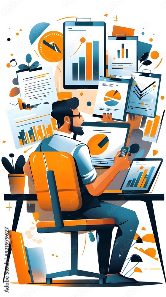 Poster businessman analyzing data and graphs.