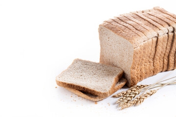 Healthy wholemeal bread slices isolated on white background. Copy space