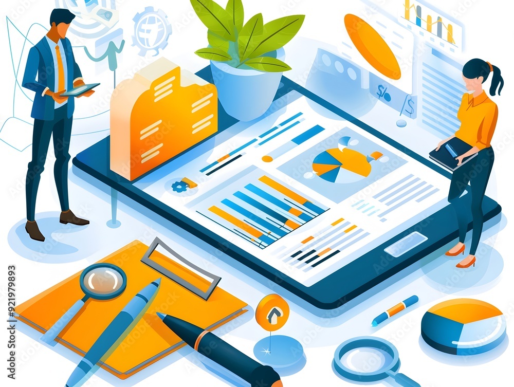 Poster business analytics and data analysis with charts and graphs.