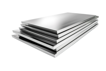 A Stacked Arrangement of Polished Metal Plates in Bright Industrial Setting on White or PNG Transparent Background.