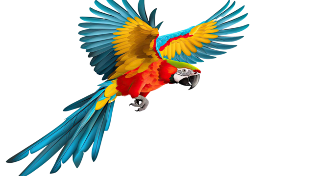 Flying Scarlet Macaw Parrot on Transparent Background. 