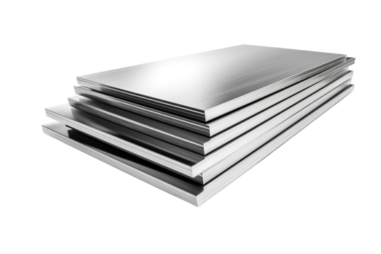 A Stacked Arrangement of Polished Metal Plates in Bright Industrial Setting on White or PNG Transparent Background.