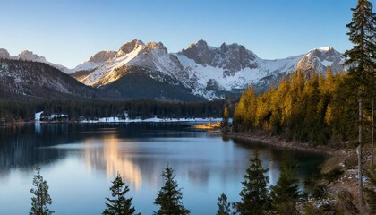 Fototapeta premium A high-resolution photo of a serene mountain landscape during sunrise, with a clear blue sky, snow-capped peaks, and a calm lake reflecting the scenery. The foreground has green pine trees, and the li