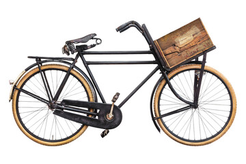 Vintage black cargo transport bicycle with wooden crate