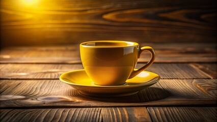Obraz premium Warm and inviting, a bright yellow ceramic coffee cup sits isolated on a rustic wooden table, surrounded by soft, diffused light and gentle shadows.