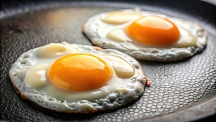 Close up of two fried eggs on a griddle, sunny side up, eggs, breakfast, cooking, food, sunny side up, fried, skillet