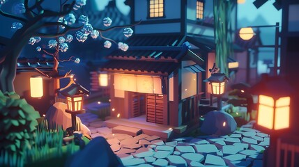 Low Poly Japanese Village at Night with Cherry Blossoms.