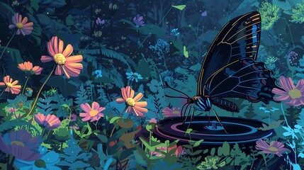 A Surreal Butterfly Landing on a Vinyl Record in a Flower Garden.