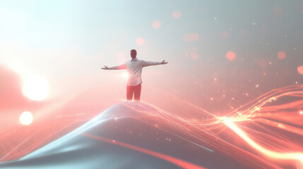 A solitary man stands atop a peak, arms outstretched, bathed in an ethereal glow, symbolizing enlightenment, freedom, and the pursuit of human potential.