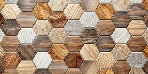 Fototapeta premium Hexagonal tiles with realistic wood textures in various shades and grains perfect for creating a natural and organic design aesthetic