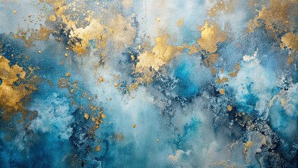 Abstract painting with blue and gray tones, gold splashes, and textured layers, abstract, painting, blue, gray, gold, splashes