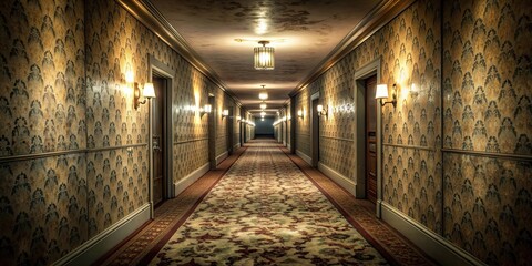 Scary gloomy hotel hallway with flickering lights and peeling wallpaper, spooky, eerie, creepy, dark, corridor