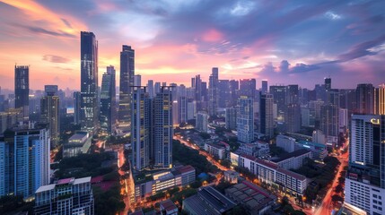 Obraz premium Aerial view of a modern city skyline at sunset with illuminated streets and skyscrapers.