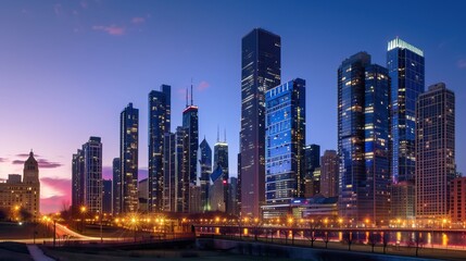 A stunning cityscape of a modern city with tall skyscrapers illuminated at dusk. 