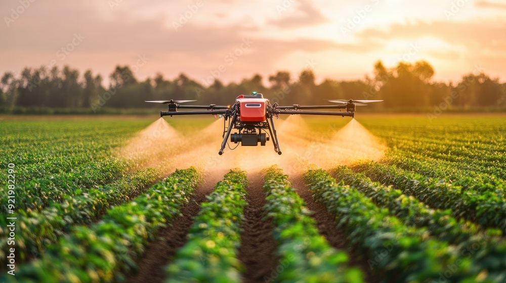 Poster drone in flight, spraying crops in a large field with precision and efficiency in a modern farming e