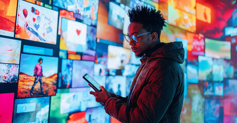 Portrait of Caucasian Man Using Smartphone in Metaverse With Animated Stream Of Interfaces With Social Media, e-Commerce Shopping, Internet Influencers And Games. Visualization Of Web Network