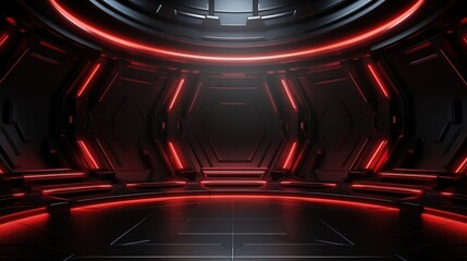Dark futuristic room with red neon lights.