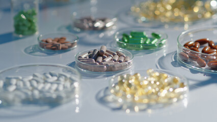 Close-up of petri dishes containing different types of medicine: antibiotics, capsules, multivitamins and fish oil pills. Concept of drug research in the laboratory