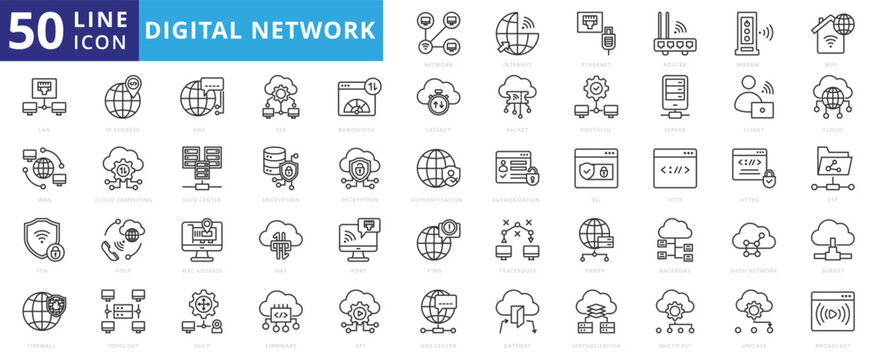 Digital network icon set with internet, ethernet, router, modem, wifi, lan, wan, vpn, firewall, ip address, dns and tcp.