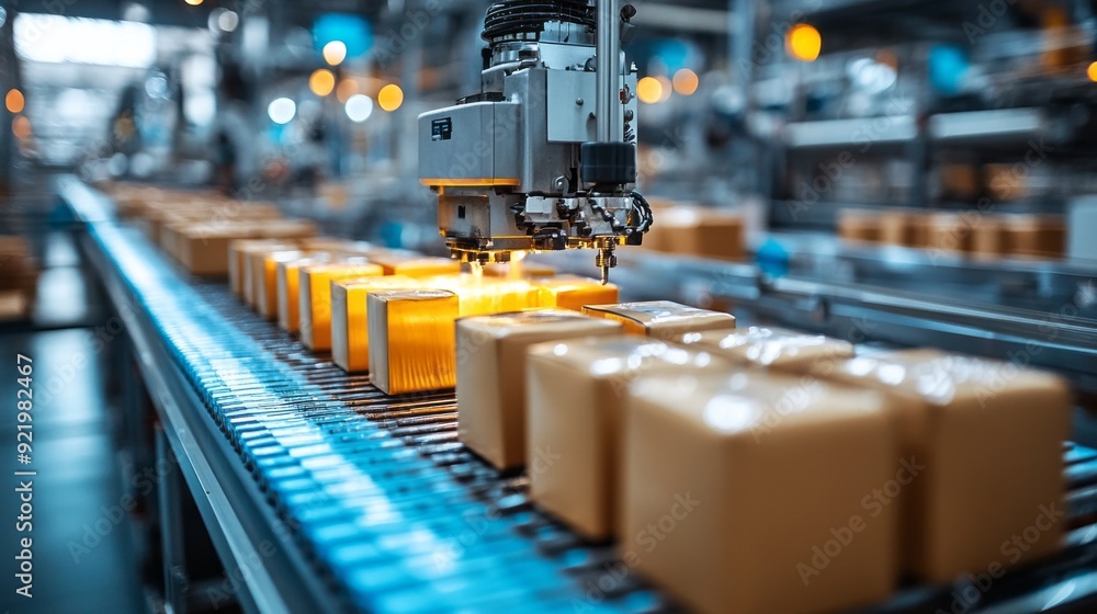 Poster a conveyor belt with a machine that is printing on boxes