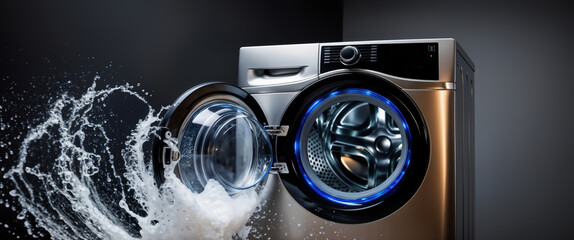 Modern washing machine with water splashing from open door on dark background