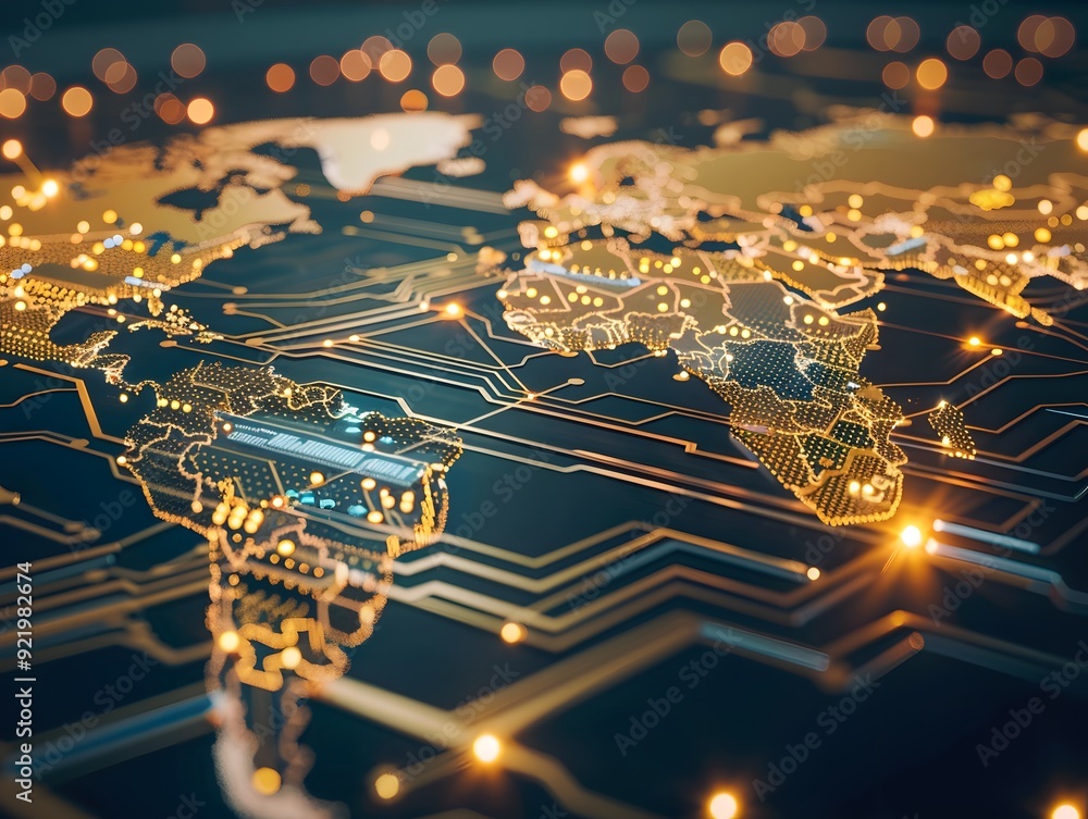 Poster digital world map made of circuit board golden lines and glowing lights. symbolizing global connecti