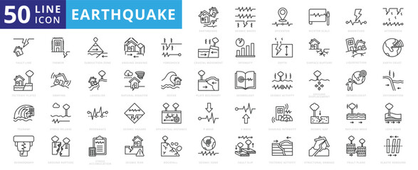 Earthquake icon set with seismic waves, epicenter, scale, magnitude, aftershock, fault line and tectonic plates.