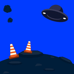 Simple space design with flying saucer above planet and traffic cones vector illustration