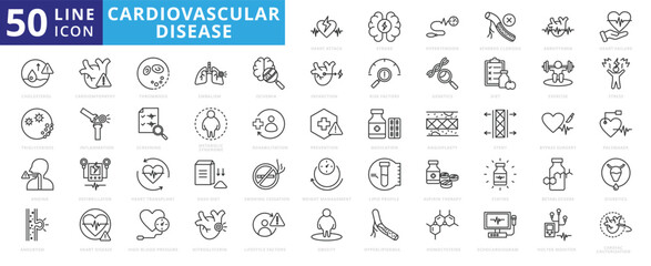 Cardiovascular disease icon set with stroke, hypertension, atherosclerosis, arrhythmia, heart failure, cholesterol and triglycerides.